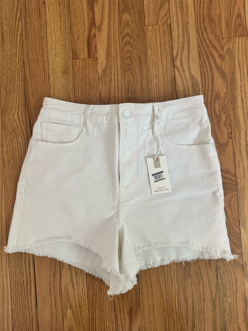 Good American White Cutoff High-Rise Denim Shorts